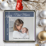新しいMom初めてのクリスマス写真 メタルオーナメント<br><div class="desc">お祝母さんとして初めてのこの特別な記念オーナメント。この魅力的クリスマスツリーのオーナメントを、あなたとベビーの写真とベビーの名前と誕生日でパーソナライズする。</div>