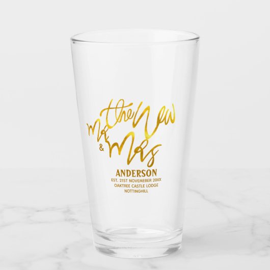 新しいMrとMrs（名前、日付、会場の追加）金ゴールド タンブラーグラス (正面)