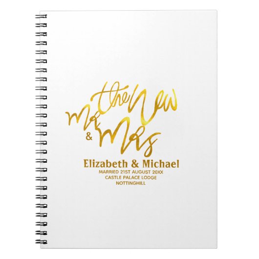新しいMrとMrs（名前、日付、会場の追加）金ゴールド ノートブック (正面)