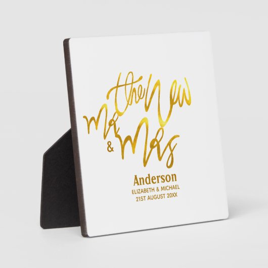 新しいMrとMrs(名前、日付、会場の追加)金ゴールド フォトプラーク (正面)