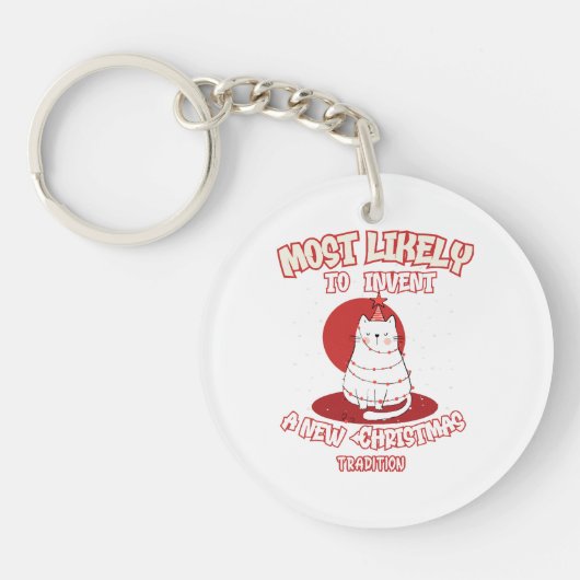 新しおもしろいいクリスマスを思い付く猫 キーホルダー (正面)