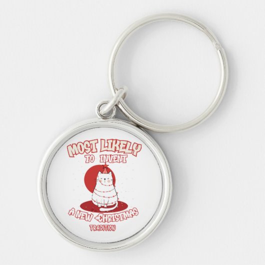 新しおもしろいいクリスマスを思い付く猫 キーホルダー (正面)