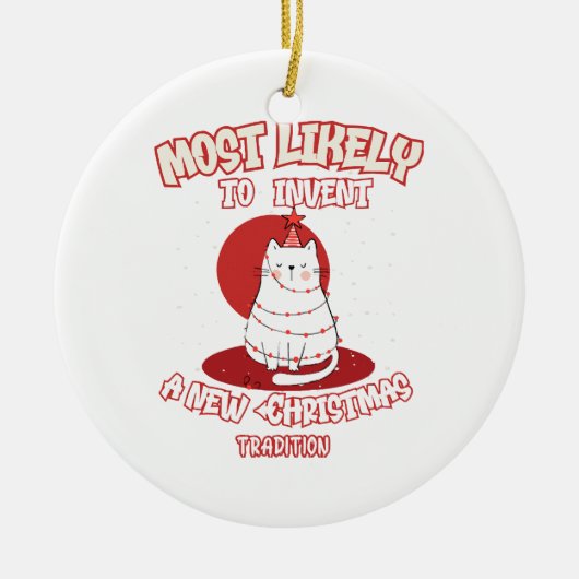 新しおもしろいいクリスマスを思い付く猫 セラミックオーナメント (正面)