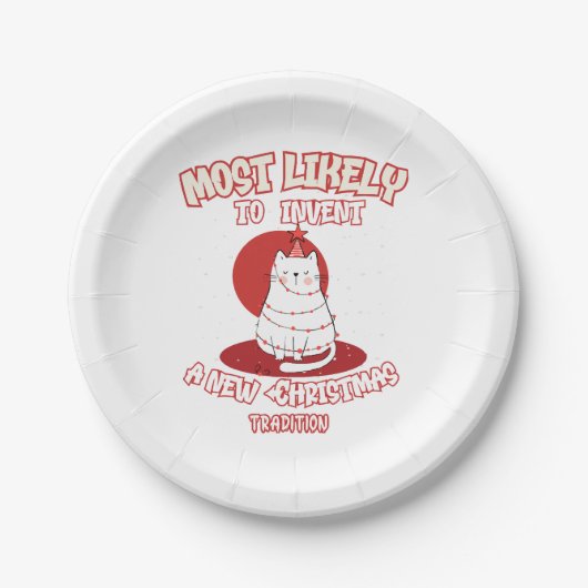 新しおもしろいいクリスマスを思い付く猫 ペーパープレート (正面)