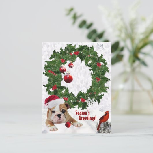 新しカスタマイズいブルドッグの子犬クリスマスバージョン2 シーズンポストカード (スタンド正面)