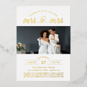 新し祝いミセス・アンド・ミセスの写真と共に 箔招待状 (正面)