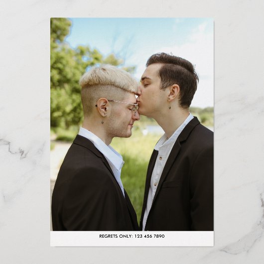 新し祝いMrとMrの写真を使用 箔招待状 (裏面)