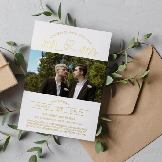 新し祝いMrとMrの写真を使用 箔招待状