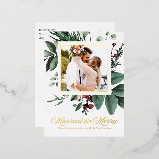 新し結婚したいメリー写真クリスマス 箔シーズンポストカード (正面/裏面)