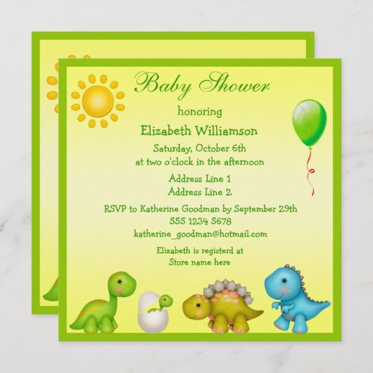 新たに孵化したベビーディノと恐竜のベビーシャワー 招待状 (正面/裏面)