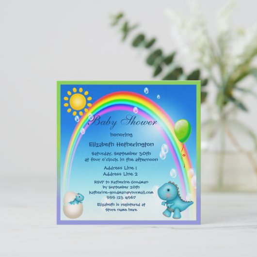 新たに孵化した少年恐竜の虹のベビーシャワー 招待状 (スタンド正面)