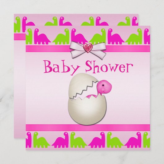 新たに孵化した恐竜の赤ちゃん女の子の赤ちゃんシャワー 招待状 (正面/裏面)