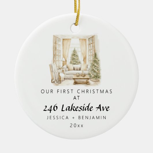 新エレガントしい家族の初めてのクリスマス セラミックオーナメント (正面)