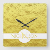 新エレガント刻モノグラム名前をカスタムする金ゴールドテクスチャ スクエア壁時計 (正面)