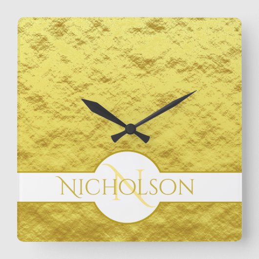 新エレガント刻モノグラム名前をカスタムする金ゴールドテクスチャ スクエア壁時計 (正面)