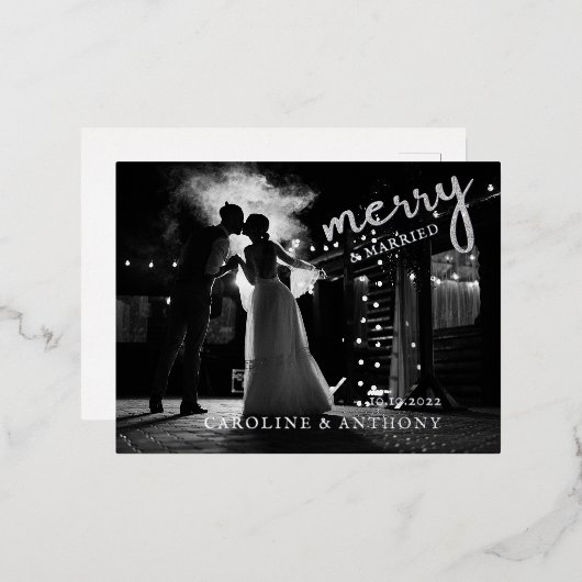 新エレガント婚の写真とメリークリ結婚したスマス 箔シーズンポストカード (正面/裏面)