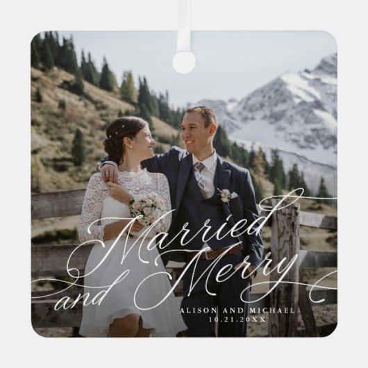 新エレガント婚の写真と結婚した金メリー属または メタルオーナメント (正面)