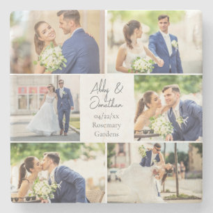 新エレガント婚の結婚したカップル写真コラージュ ストーンコースター