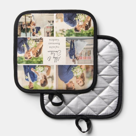 新エレガント婚の結婚したカップル写真コラージュ 鍋敷き (正面/裏面)