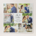 新エレガント婚フォトコラージュ結婚記念日 ジグソーパズル<br><div class="desc">この美しい新しいカップルの結婚パズルギフトは、白い背景に結婚の6つの写真の上品なレイアウトを備え、カップルの名前と場所と日付結婚した。新婚や夫や妻の記念日のプレゼントのための素晴らしい写真コラージュの結婚の贈り物。</div>