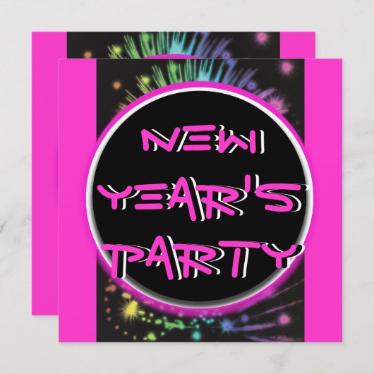 新エレガント年の祝賀会ホットピンクブラック 招待状 (正面/裏面)