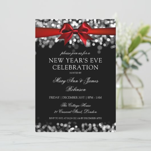 新エレガント年イブ銀きらめくライトボウ 招待状 (スタンド正面)