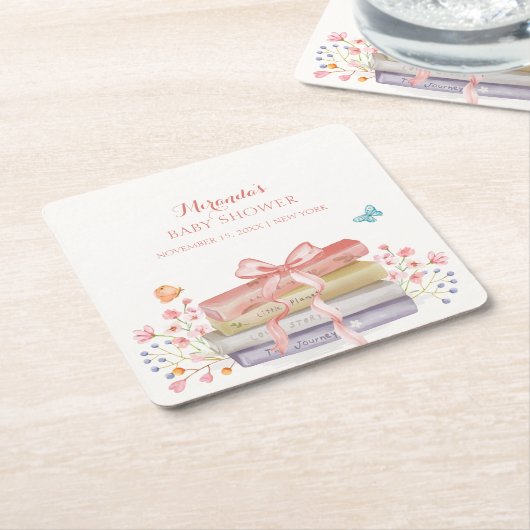 新エレガント章フローラボウブック赤ちゃんシャワー スクエアペーパーコースター (アングル)