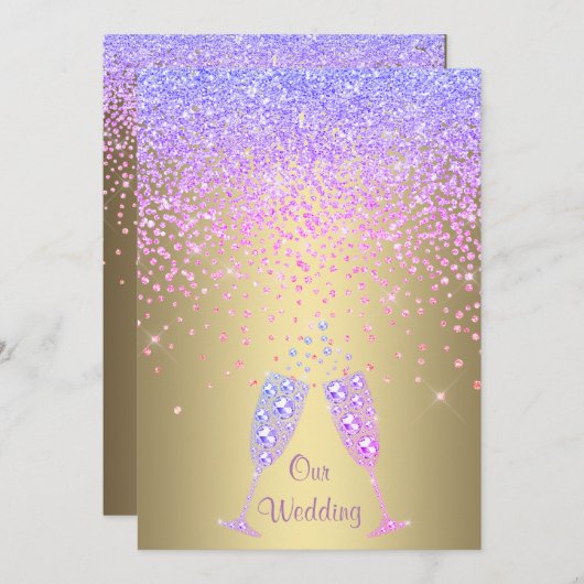 新エレガント結晶ダイヤ結婚モンド薄紫金ゴールド 招待状 (正面/裏面)