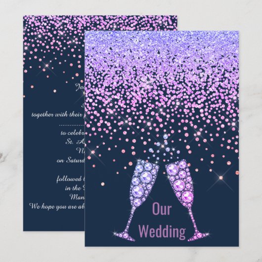 新エレガント結晶ダイヤ結婚モンドNAVY PURPLE 招待状 (正面/裏面)