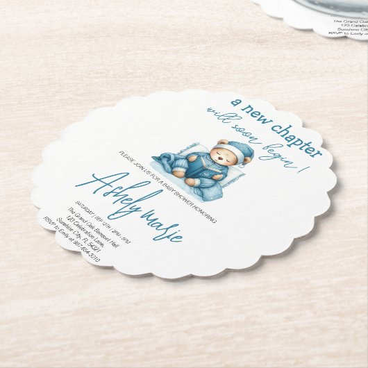 新チャプターテディブルーの男の子の赤ちゃんシャワー熊 ペーパーコースター (アングル)