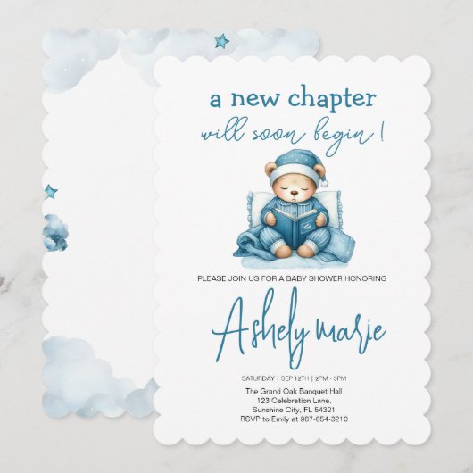 新チャプターテディブルーの男の子の赤ちゃんシャワー熊 招待状 (正面/裏面)
