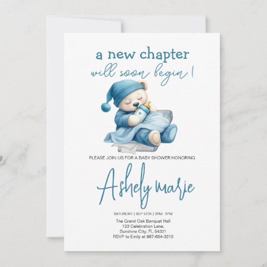 新チャプターテディブルーの男の子の赤ちゃんシャワー熊 招待状 (正面)