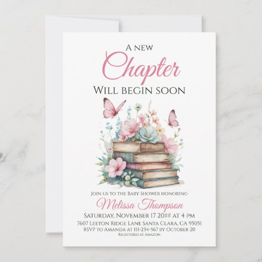 新チャプターピンクの女の子ストーリーブックブックベビーシャワー 招待状 (正面)