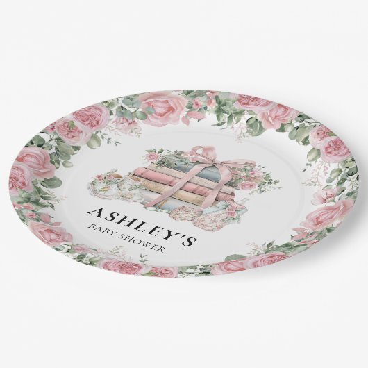 新チャプターピンクボウフローラベビーシャワー ペーパープレート (アングル)