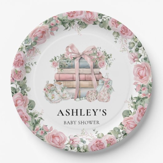 新チャプターピンクボウフローラベビーシャワー ペーパープレート (正面)