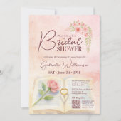 新チャプターピンクローズ&リングや輪ブライダルシャワーQRコード 招待状 (正面)