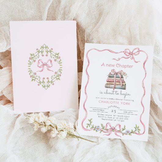 新チャプターピンク弓ワイルドフラワーベビーシャワー 招待状