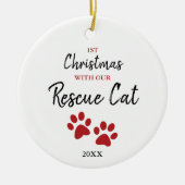 新パーソナライズされたしいレスキューキャットでクリスマス1回目 セラミックオーナメント (正面)