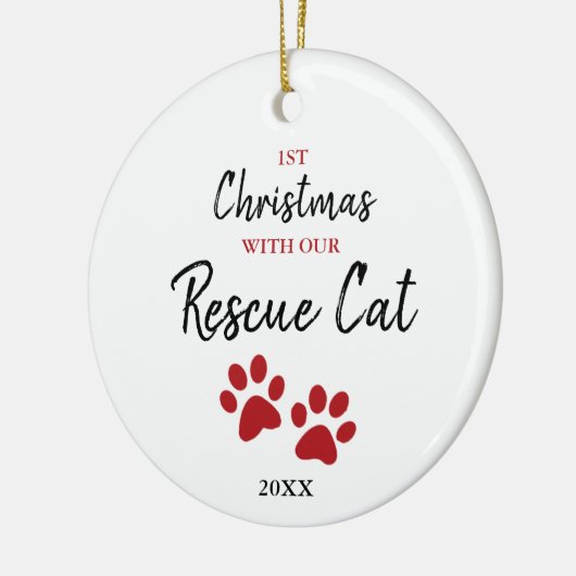 新パーソナライズされたしいレスキューキャットでクリスマス1回目 セラミックオーナメント (左)