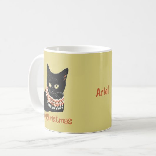 新パーソナライズされたクリスマス黒猫の醜いセーター コーヒーマグカップ (正面左)