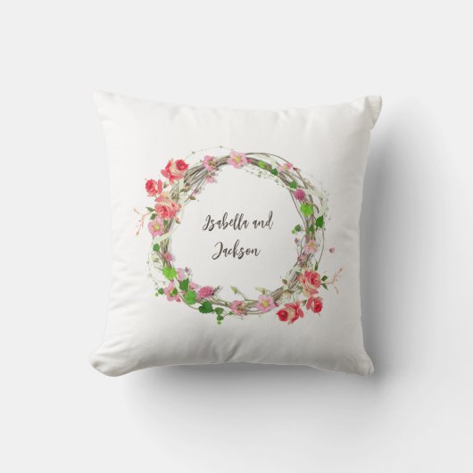 新パーソナライズされた婚カップル名エレガントフローラ クッション (正面)