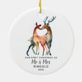 新パーソナライズされた婚初めてのクリスマスディアーカスタム セラミックオーナメント (裏面)