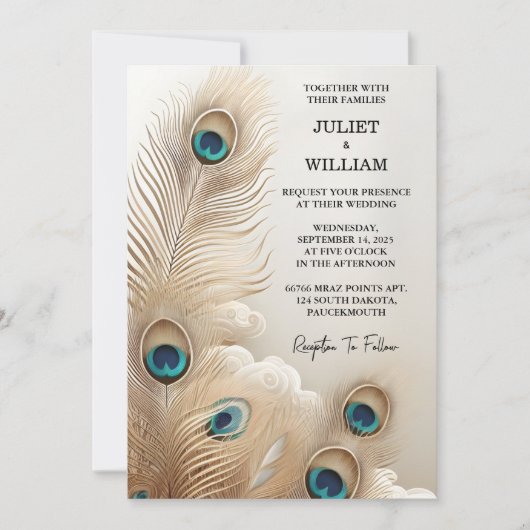 新フェザー素朴アジアの空の雲の結婚孔雀 招待状 (正面)
