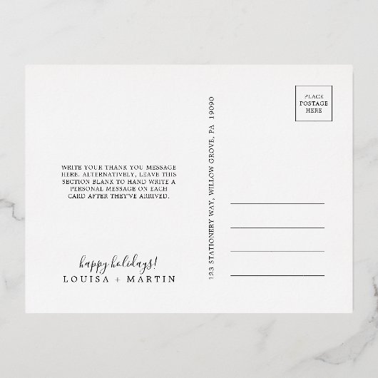 新ミニマル婚の後に楽しくフォイル 箔シーズンポストカード (裏面)