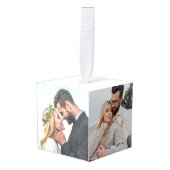 新ミニマル婚カップル写真クリスマス キューブオーナメント (正面アングル)