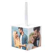 新ミニマル婚カップル写真クリスマス キューブオーナメント (裏面アングル)