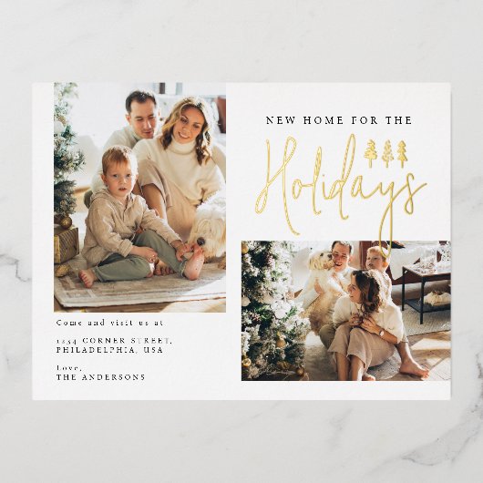 新モダンしい家のための休日2つの写真の移動 箔シーズンポストカード (正面)