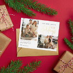 新モダンしい家のための休日2つの写真の移動 箔シーズンポストカード<br><div class="desc">そしてモダンエレガント写真の動く告知はがき3つの可愛い緑のクリスマスツリーのスケッチと書のスクリプトのレタリングと2つの家族の写真をパーソナライズカジュアル。</div>