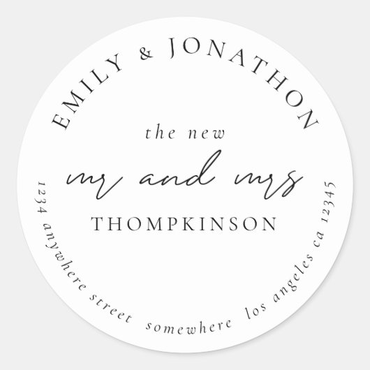 新モダンしいMr Mrsスクリプト名差出人住所 ラウンドシール (正面)