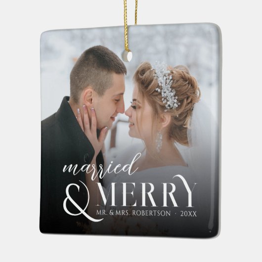 新モダン婚と結婚したメリークリスマス2写真 セラミックオーナメント (左)
